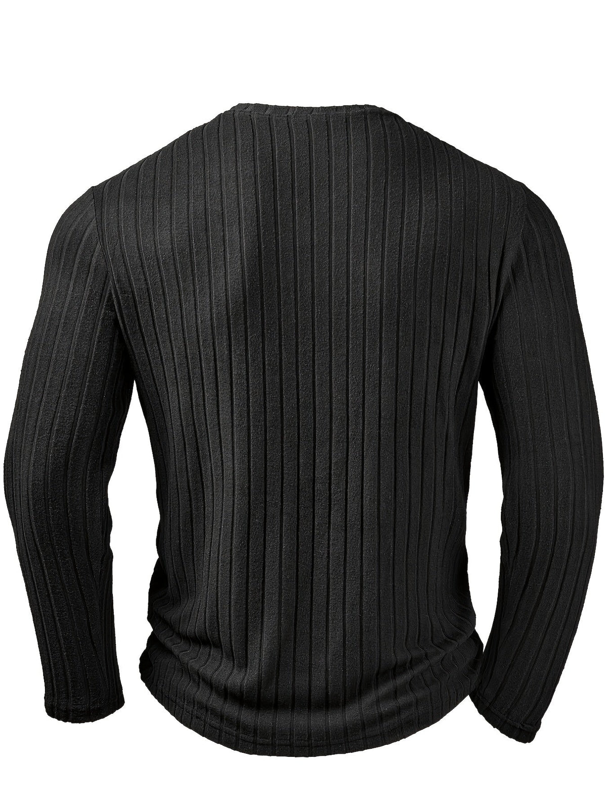 Men's ribbed V-neck long sleeve top in black, detail view