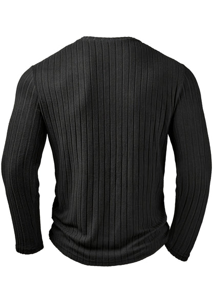 Men's ribbed V-neck long sleeve top in black, detail view