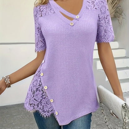 Kessoro women's lace-panel short sleeve button top in pink, yellow and purple – view 9