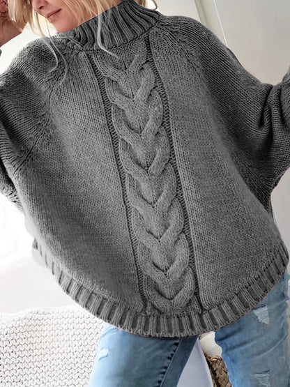 Women's cable-knit high-neck chunky sweater in a soft grey, pink and red colour family (view 3)