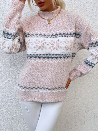 Kessoro women's snowflake mock-neck knit sweater in grey, pink or blue, view 14 of 23