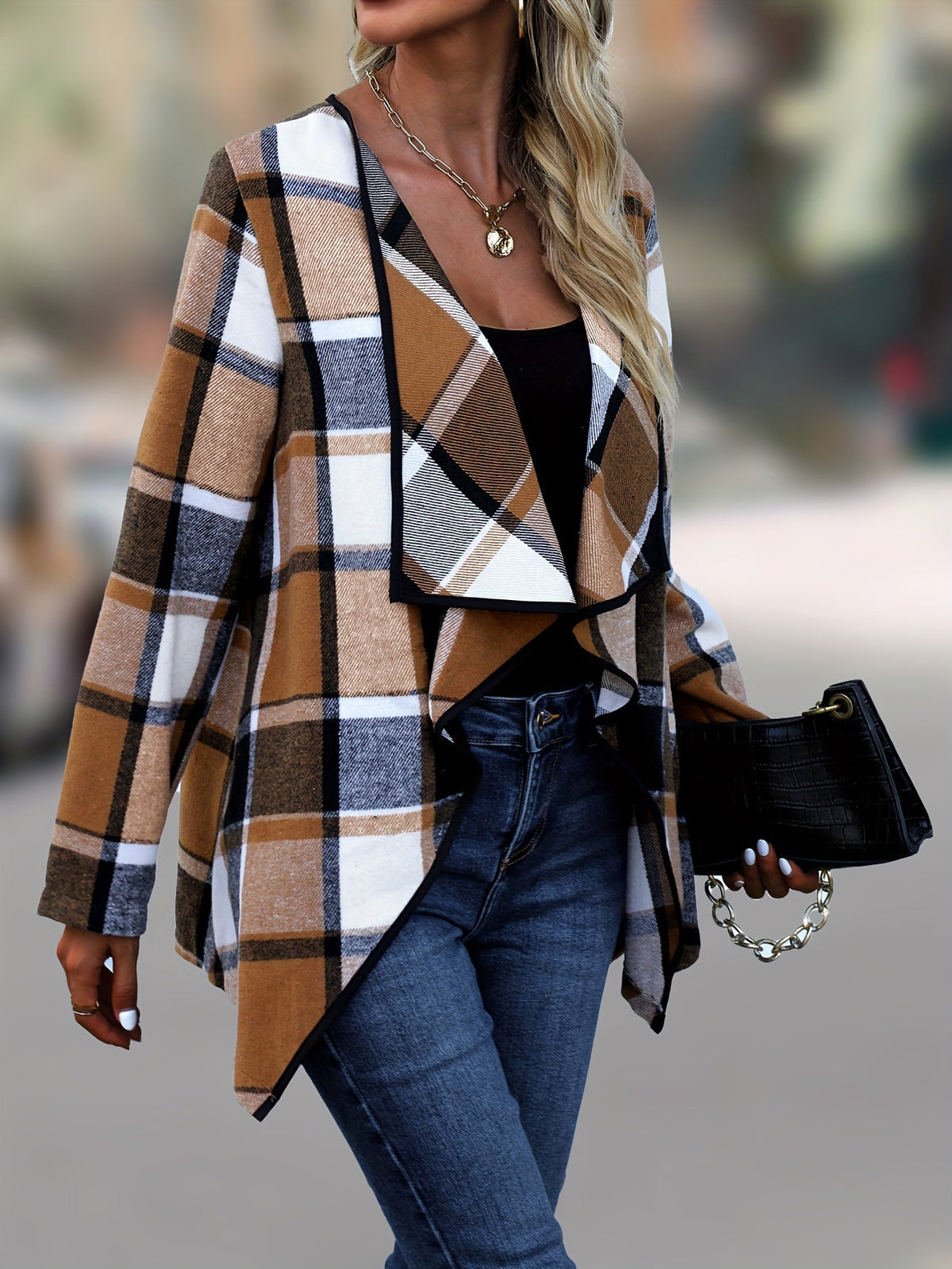 Kessoro women's draped open-front plaid jacket in classic check colourways