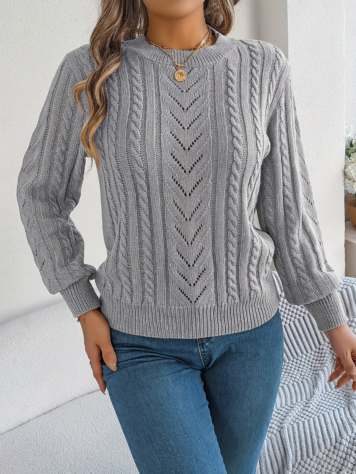 Kessoro Women's Cable-Knit Round Neck Sweater in khaki, grey and orange-red - women's apparel, view 12 of 21