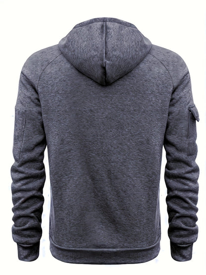 Men's utility quarter-zip hoodie in black, navy, khaki and burgundy with pocket detail, colour option 2 side view