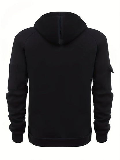 Men's utility quarter-zip hoodie in black, navy, khaki and burgundy with pocket detail, side view