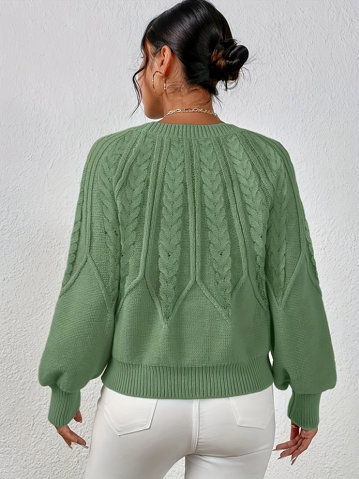 Kessoro women's relaxed cable-knit lantern-sleeve sweater in matcha, beige, burgundy, navy and camel