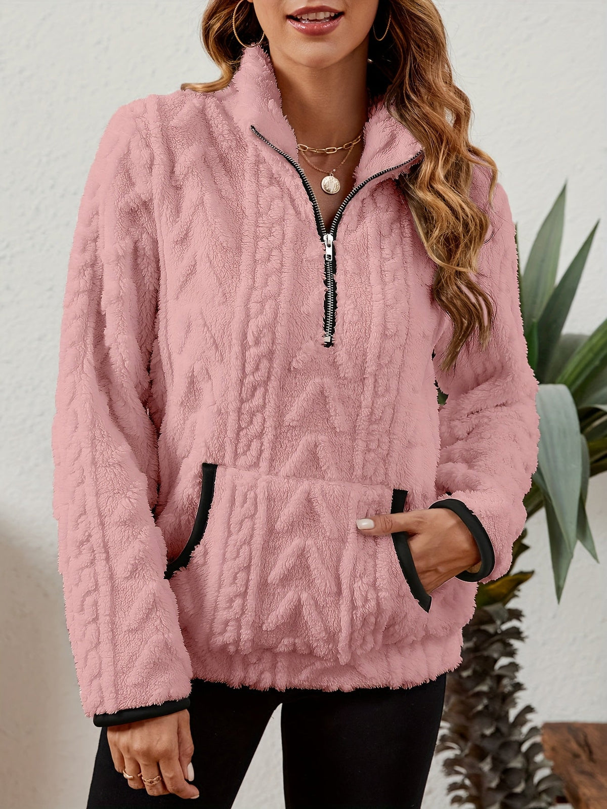 Kessoro women's plush textured half-zip pullover in burgundy, grey, pink, white, khaki, purple and blue - product view 22