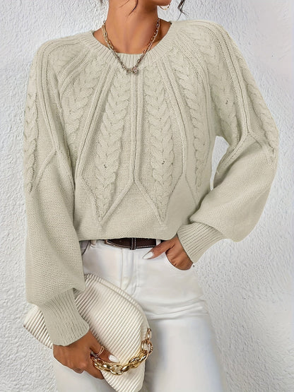 Kessoro women's relaxed cable-knit lantern-sleeve sweater in matcha, beige, burgundy, navy and camel