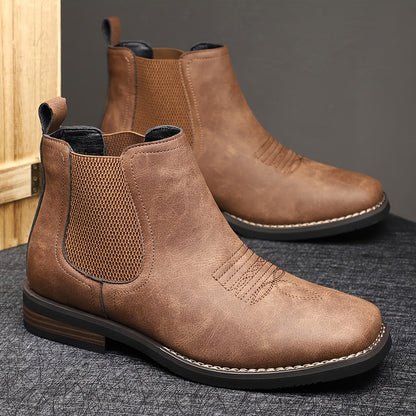 Kessoro men's classic elastic-panel Chelsea boots in black or brown leather with a pull tab