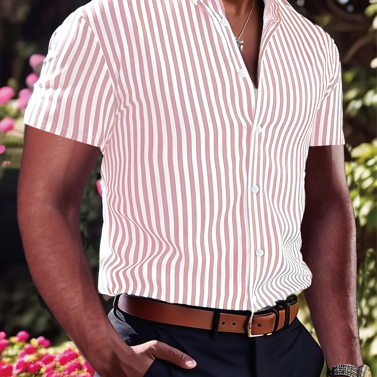 Kessoro men's striped short sleeve button-up shirt in pink, yellow-green and blue – view 9