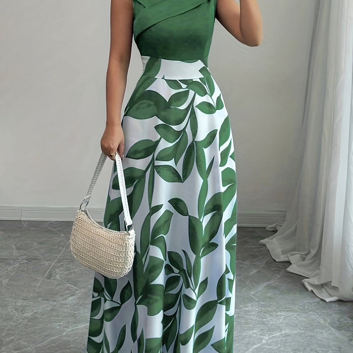 Women's leaf-print wrap-neck A-line maxi dress in a deep natural colourway