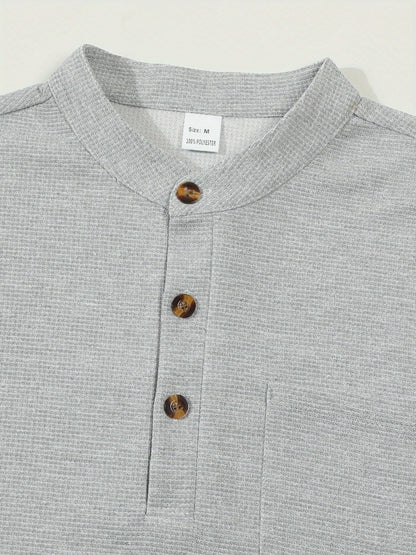 Men's textured long sleeve henley shirt in khaki, white, black, grey and burgundy, colour option 2 close-up view