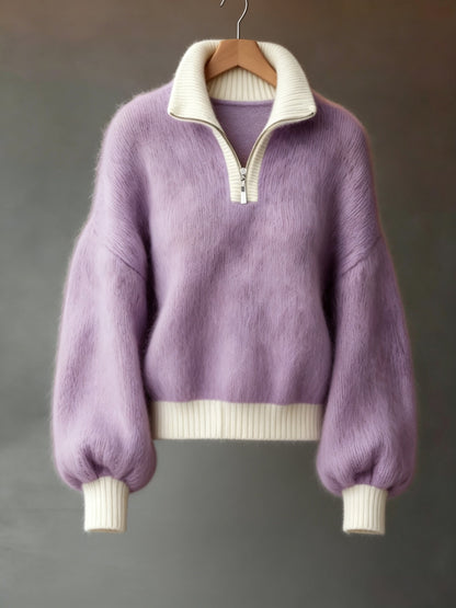 Women's relaxed half-zip ribbed sweater in khaki and lavender, colour option 1 detail view
