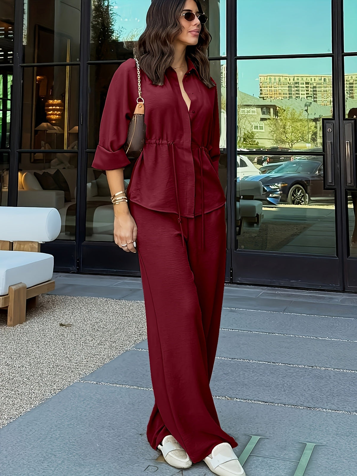 Women's relaxed lapel top and drawstring wide-leg pants set in coffee brown, burgundy, khaki and black, view 3