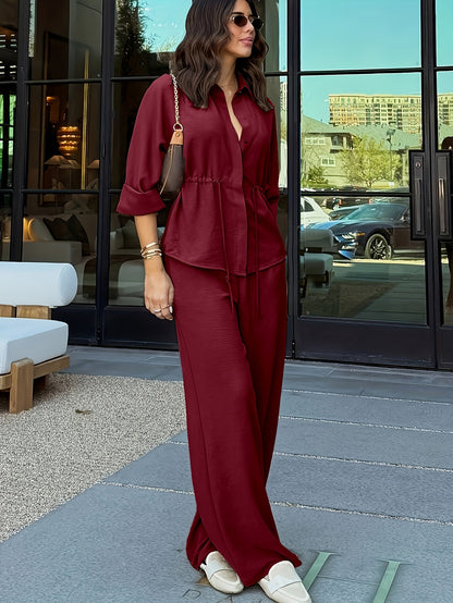 Women's relaxed lapel top and drawstring wide-leg pants set in coffee brown, burgundy, khaki and black, view 3