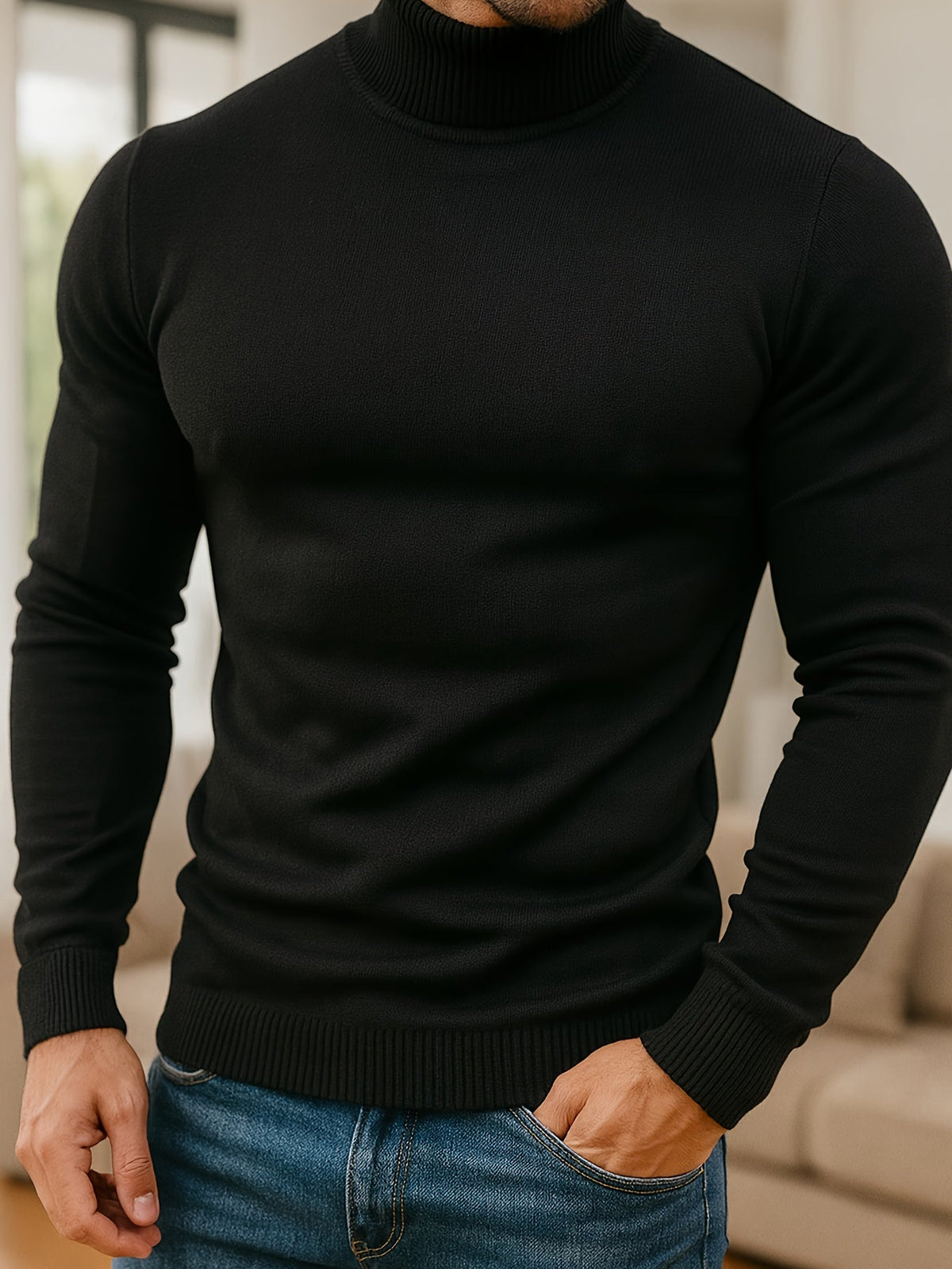 Men's refined ribbed roll-neck high-neck sweater in black, white, bronze and blue, close-up view