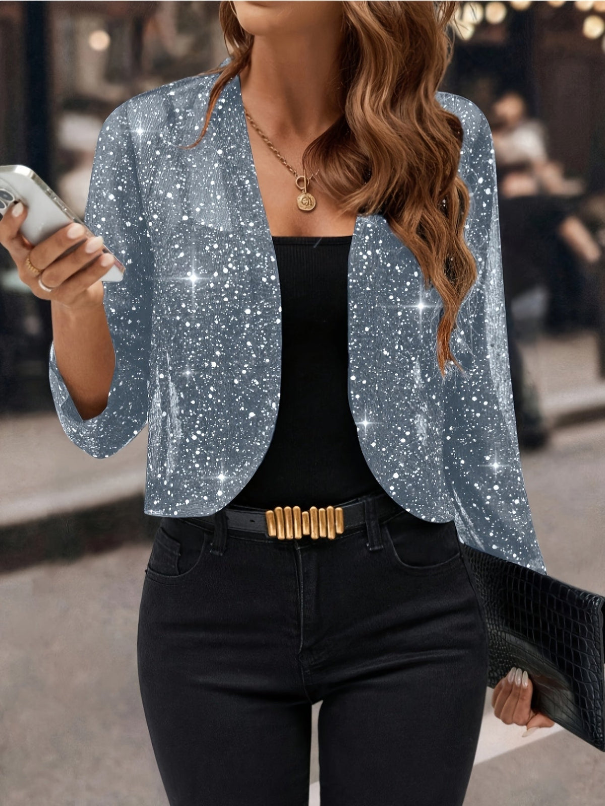 Kessoro women's shimmer cropped open-front bolero jacket in deep grey, sky blue, pink and purple