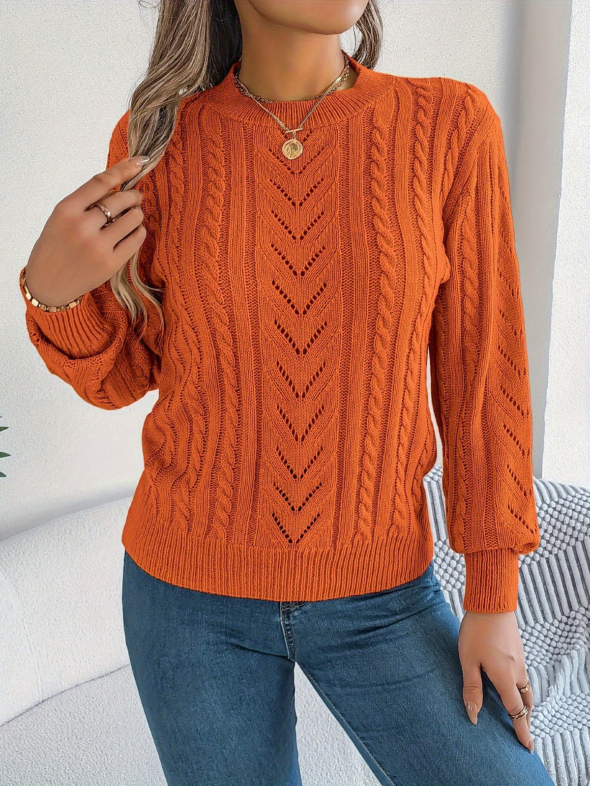 Kessoro Women's Cable-Knit Round Neck Sweater in khaki, grey and orange-red - women's apparel, view 16 of 21