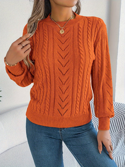 Kessoro Women's Cable-Knit Round Neck Sweater in khaki, grey and orange-red - women's apparel, view 16 of 21