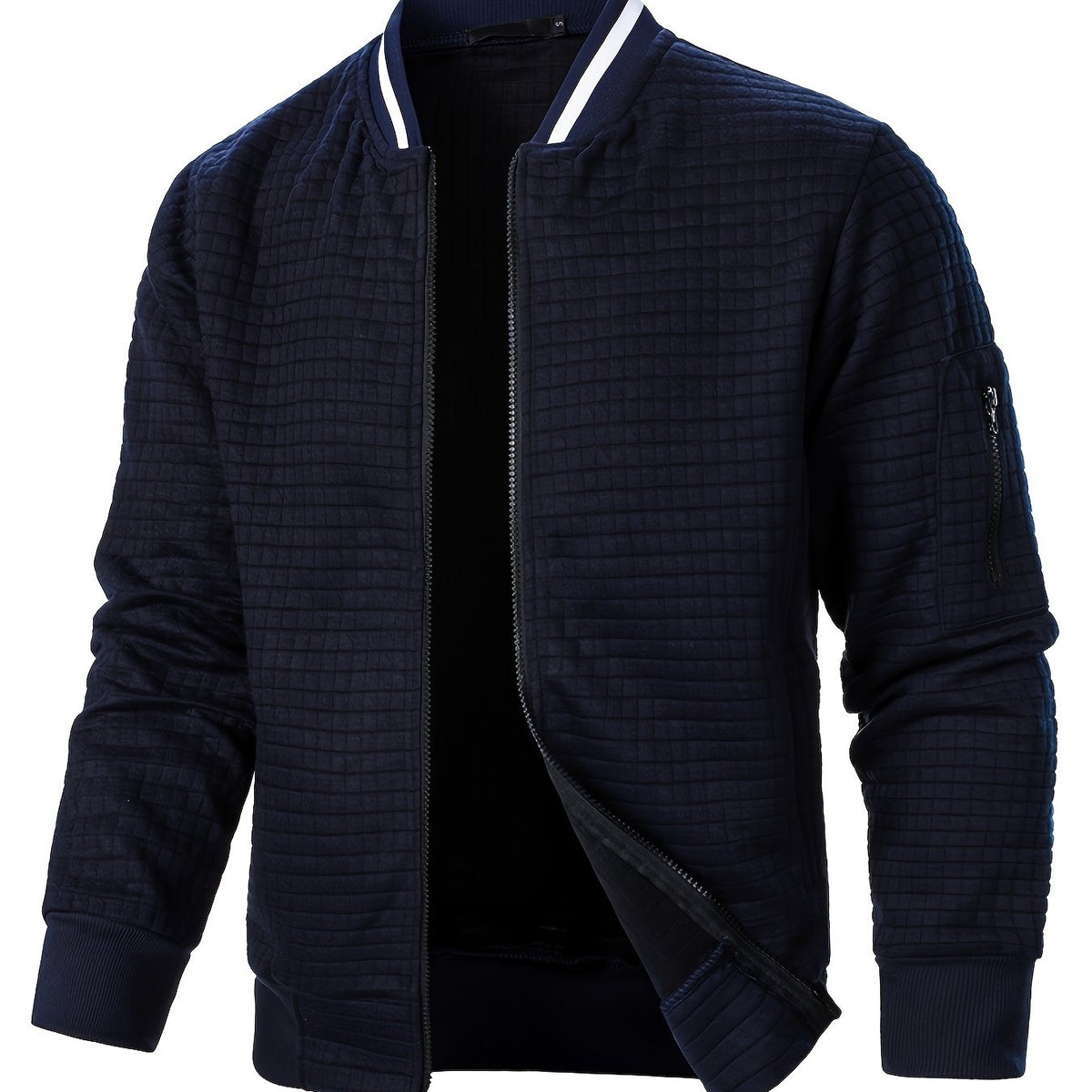 Men's textured stand-collar zip-up bomber jacket in khaki, black, dark gray, military green, navy and burgundy, back view 3