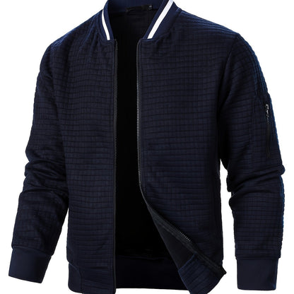 Men's textured stand-collar zip-up bomber jacket in khaki, black, dark gray, military green, navy and burgundy, back view 3