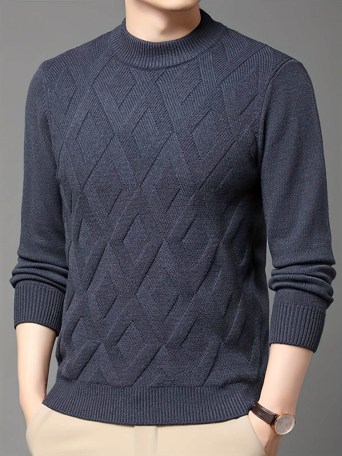 Kessoro men's textured mock-neck knit sweater in deep blue-grey winter tones