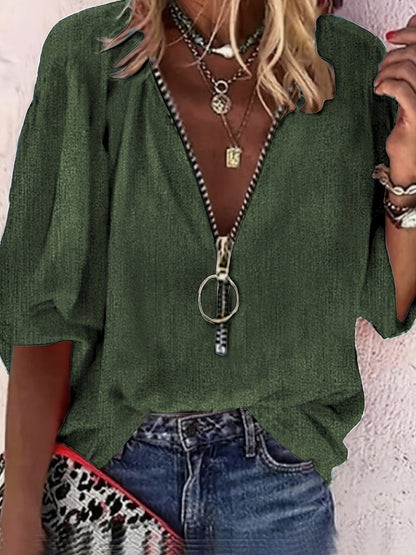 Kessoro women's khaki zip-front V-neck three-quarter sleeve blouse - view 6 of 10