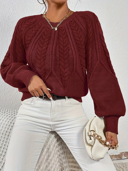 Kessoro women's relaxed cable-knit lantern-sleeve sweater in matcha, beige, burgundy, navy and camel