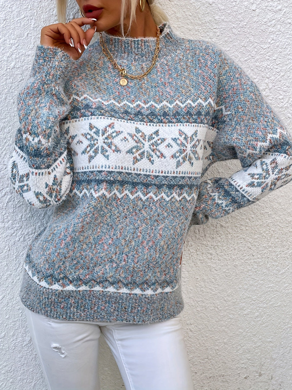 Kessoro women's snowflake mock-neck knit sweater in grey, pink or blue, view 7 of 23