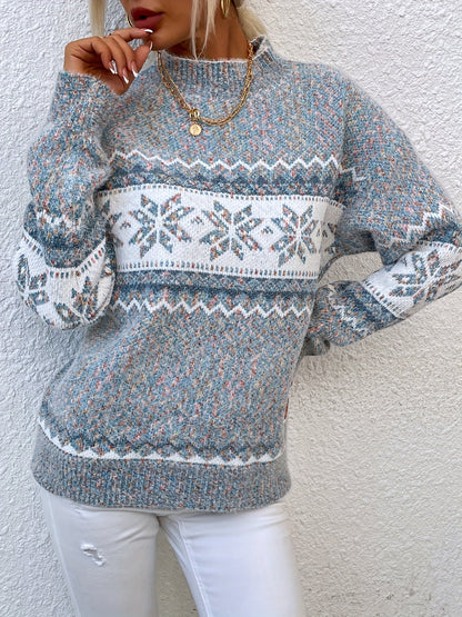Kessoro women's snowflake mock-neck knit sweater in grey, pink or blue, view 7 of 23