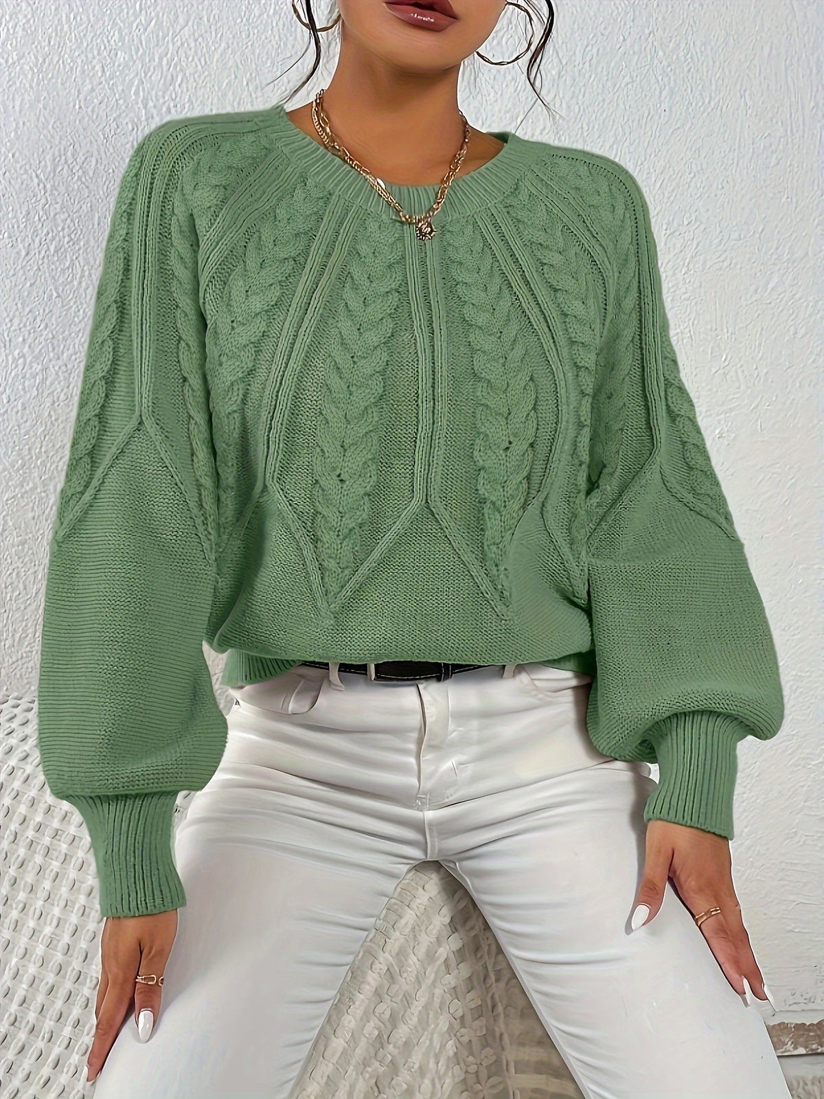 Kessoro women's relaxed cable-knit lantern-sleeve sweater in matcha, beige, burgundy, navy and camel