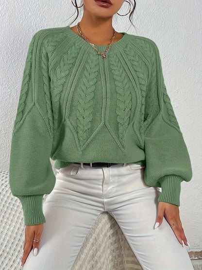 Kessoro women's relaxed cable-knit lantern-sleeve sweater in matcha, beige, burgundy, navy and camel