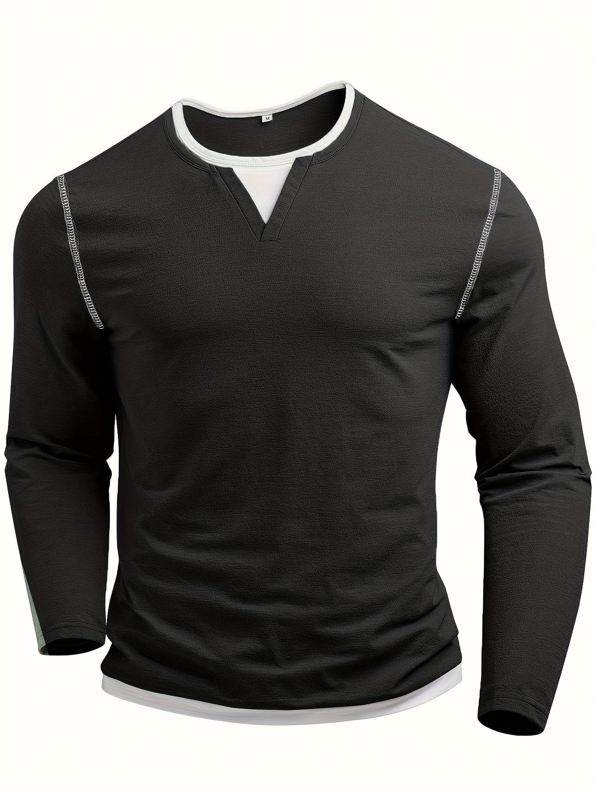 Men's notch-neck contrast-stitch henley shirt in black, detail view