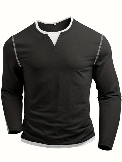 Men's notch-neck contrast-stitch henley shirt in black, detail view