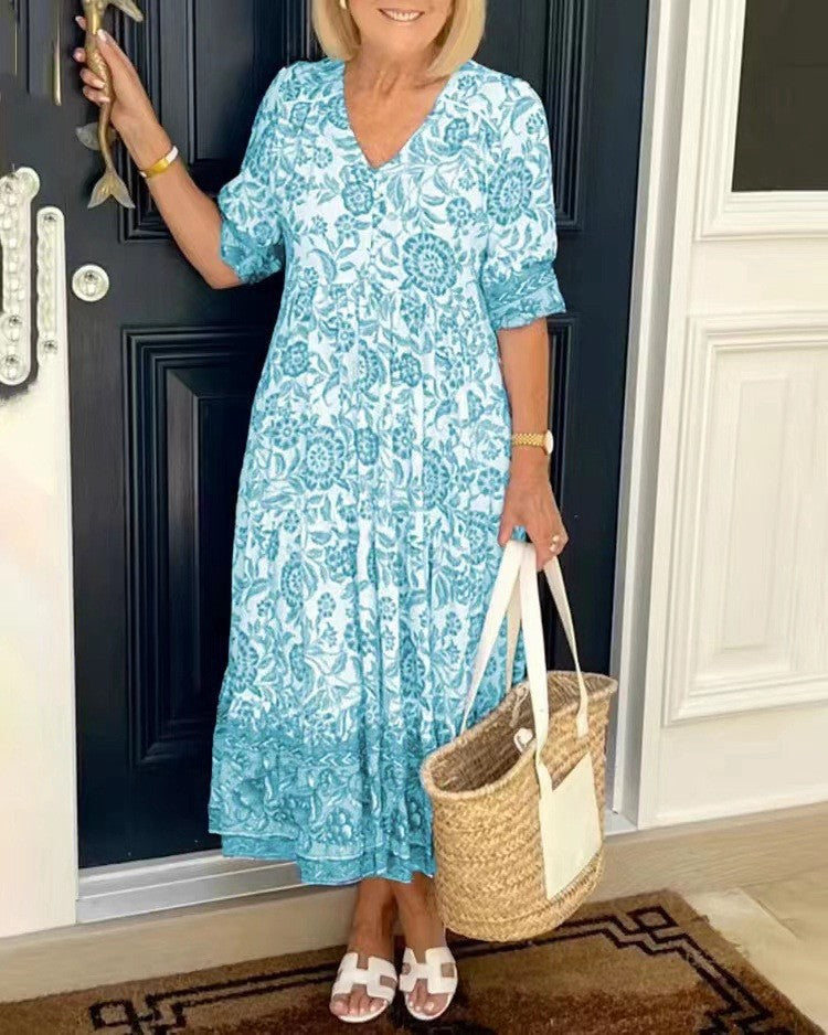 Women's V-neck floral maxi dress in blue, orange, pink, purple and sky blue