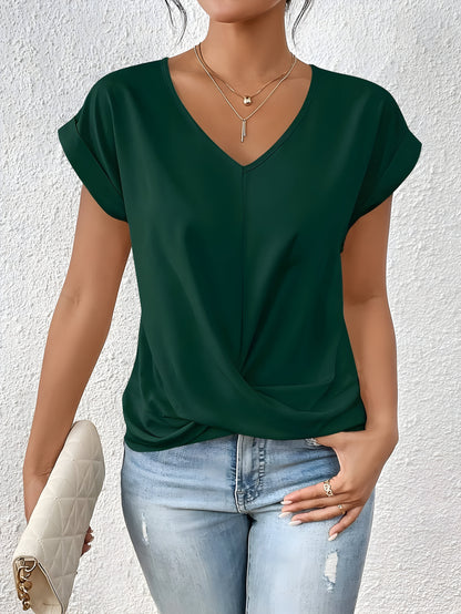 Women's twist-front V-neck top with waist-defining detail