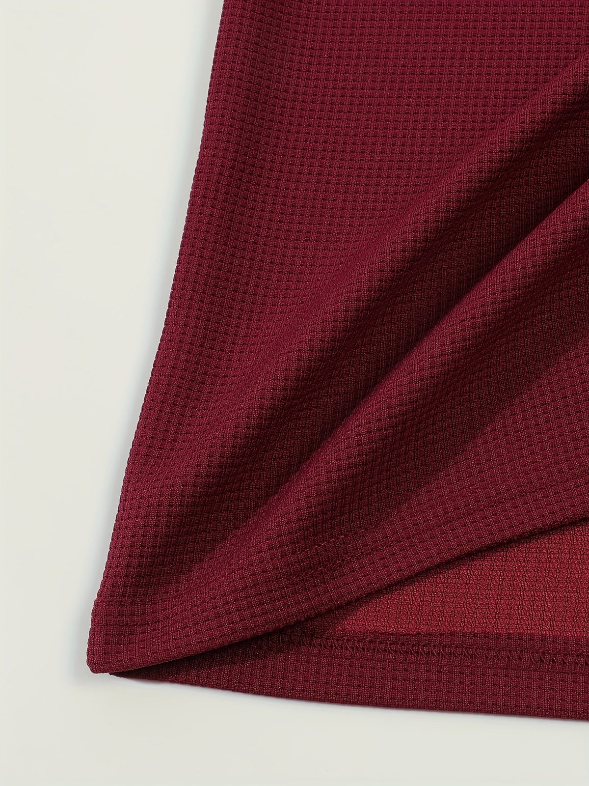 Men's textured long sleeve henley shirt in khaki, white, black, grey and burgundy, colour option 3 styled view