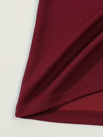 Men's textured long sleeve henley shirt in khaki, white, black, grey and burgundy, colour option 3 styled view
