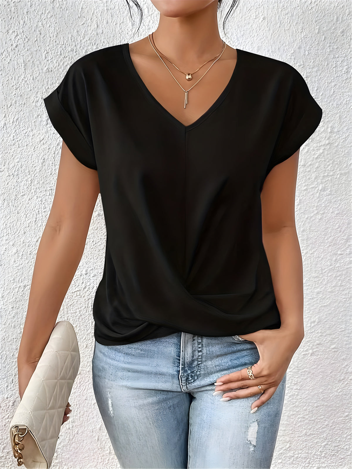 Women's twist-front V-neck top with waist-defining detail