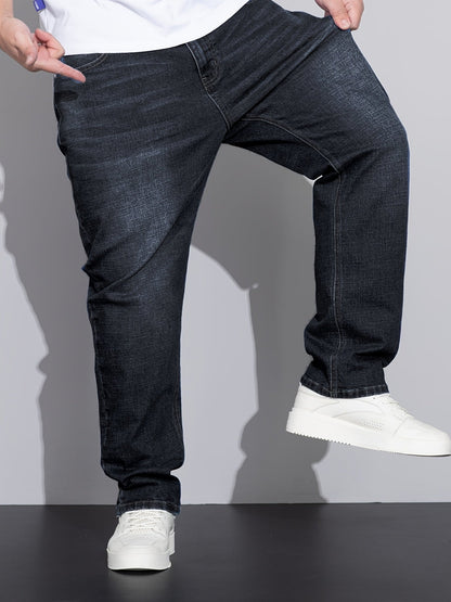Men's mid-rise straight-leg stretch jeans in blue and black denim, colour option 1 close-up view