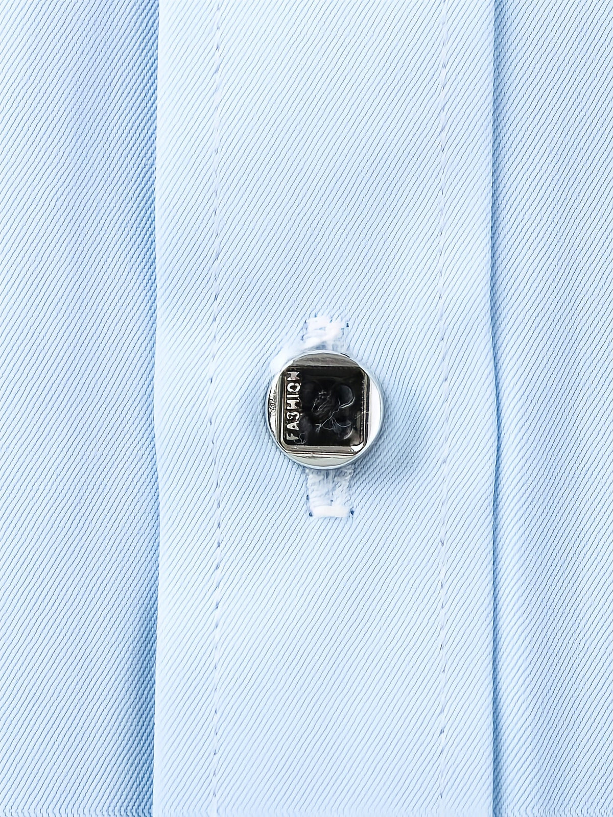 Men's tailored long-sleeve button-up shirt in sky blue, light grey and white, styled view