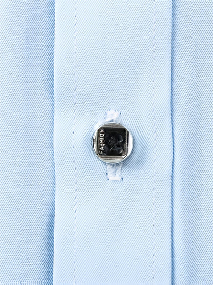 Men's tailored long-sleeve button-up shirt in sky blue, light grey and white, styled view