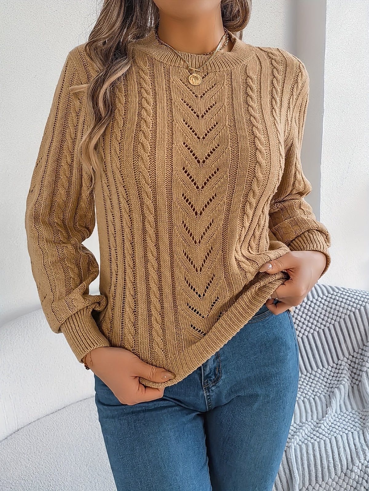 Kessoro Women's Cable-Knit Round Neck Sweater in khaki, grey and orange-red - women's apparel, view 4 of 21