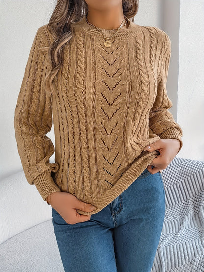 Kessoro Women's Cable-Knit Round Neck Sweater in khaki, grey and orange-red - women's apparel, view 4 of 21