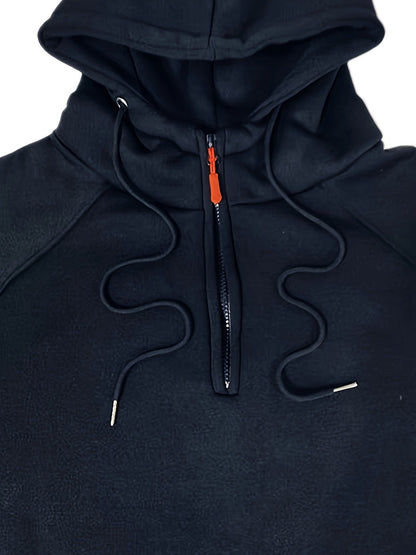 Men's utility quarter-zip hoodie in black, navy, khaki and burgundy with pocket detail, detail view