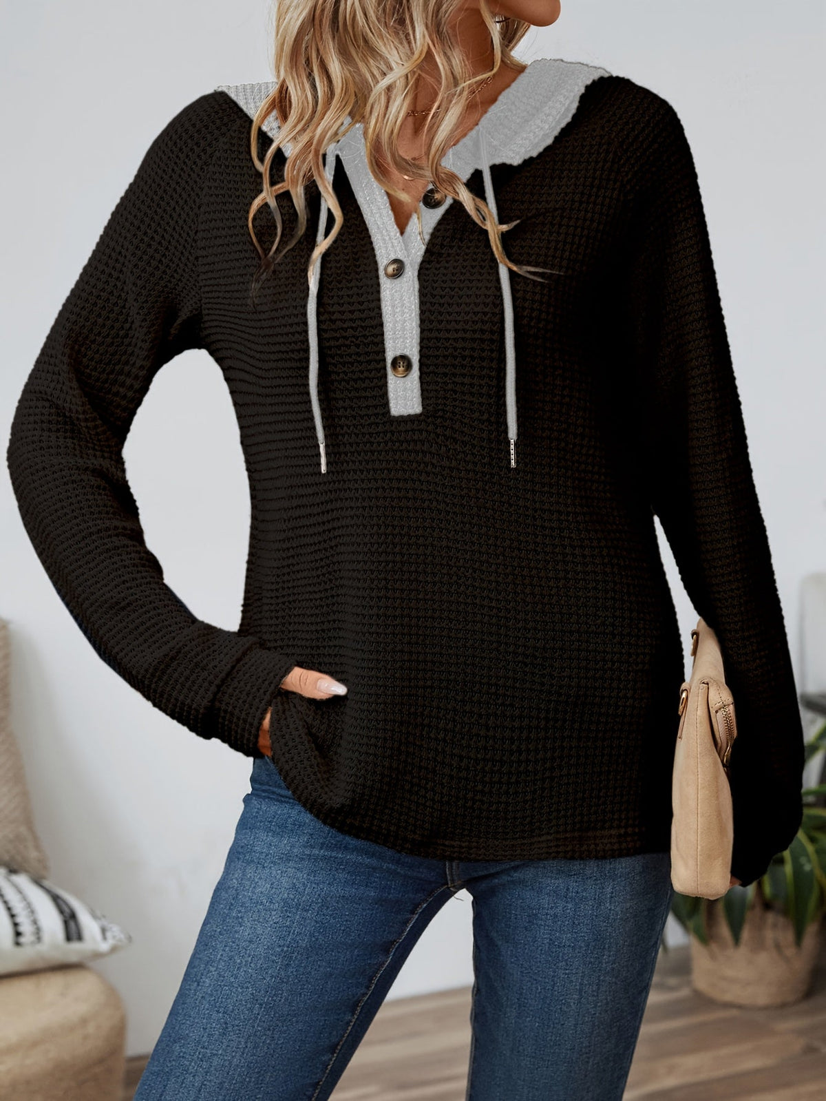 Kessoro women's waffle-knit relaxed hooded top in beige, black or pink, view 12 of 22