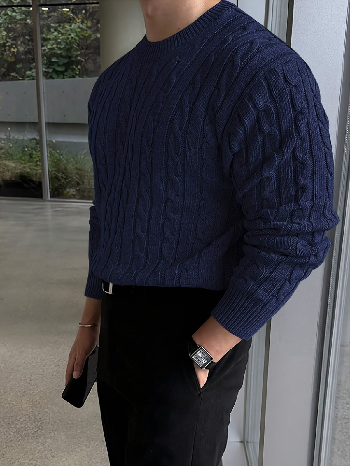 Kessoro Men's Twisted Cable-Knit Crewneck Sweater in navy and grey, image 5 of 12.