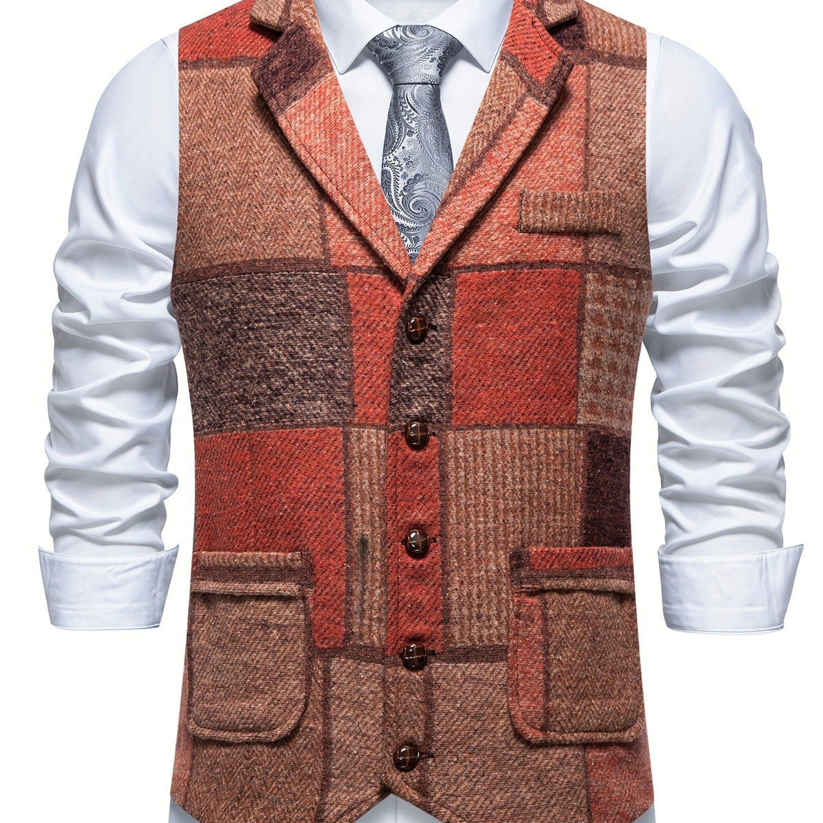 Kessoro Men's Patchwork Notch Lapel Tailored Waistcoat in grey, wine red, blue, navy and orange - men's apparel, view 26 of 31
