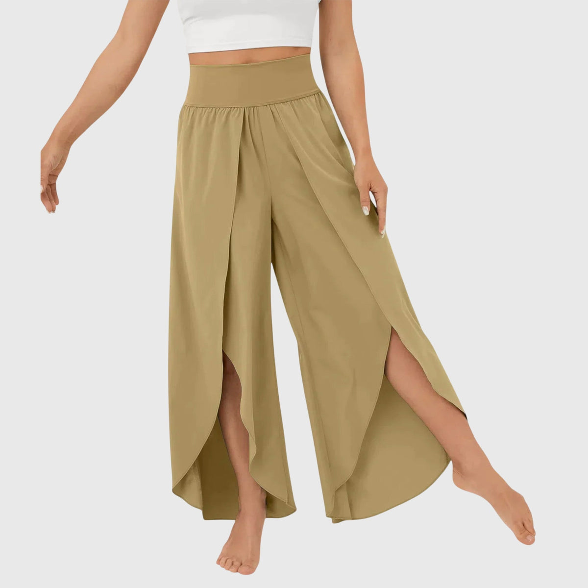Women's high-waist flowing wide-leg split pants in a soft pastel and neutral colour family (view 5)