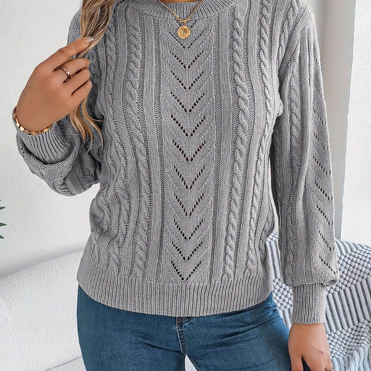 Kessoro Women's Cable-Knit Round Neck Sweater in khaki, grey and orange-red - women's apparel, view 8 of 21